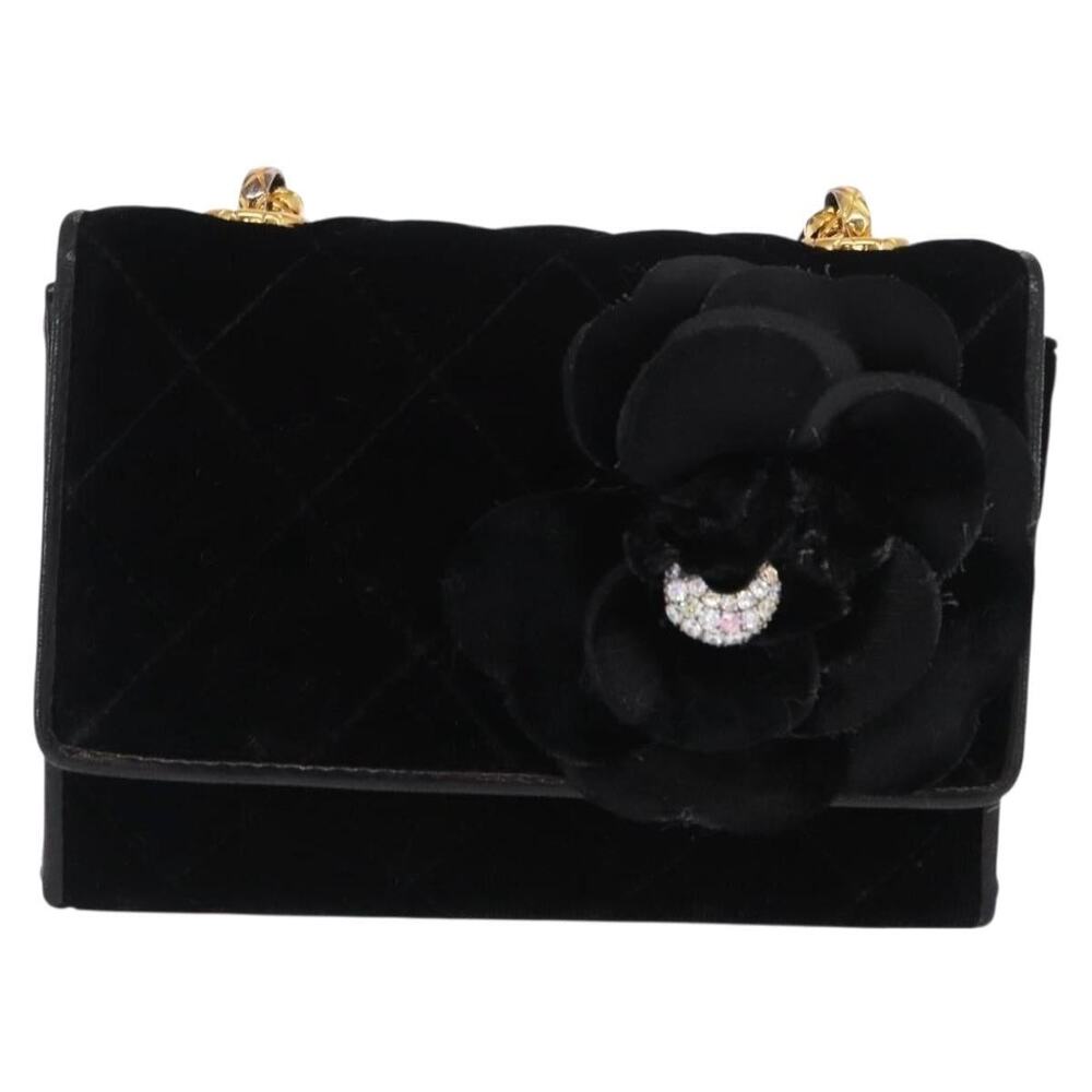 Chanel Matelasse Chain Camelia Shoulder Bag Velor Black